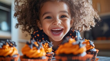 Wall Mural - Joyful curly-haired child beaming with excitement over a tray of vibrant orange and black frosted cupcakes, capturing pure delight in a festive kitchen setting.