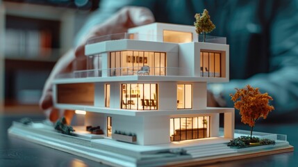 Aufkleber - A small scale model of a building placed on a table, great for decorative purposes or as a display piece