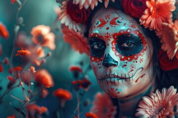 Poster - A woman wearing colorful sugar skull makeup, surrounded by fresh flowers