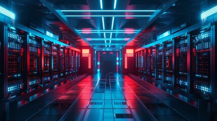 Poster - A futuristic computer room with neon lights and red and blue walls