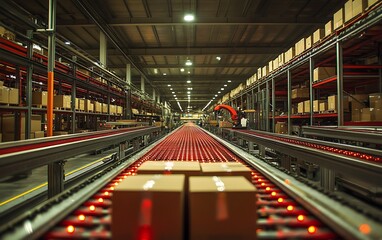 Poster - Automated Packaging Facility with Robotic Arms Filling and Sealing Boxes on Conveyor Belts