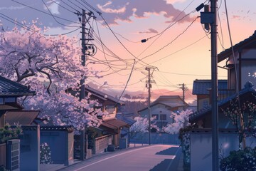 Poster - A typical suburban neighborhood with many houses and trees along the sidewalk