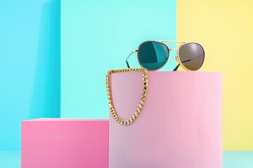Poster - A pair of sunglasses resting on top of a pink box, perfect for fashion or beauty concepts