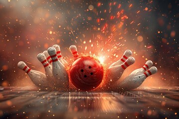 Poster - A red bowling ball crashing into the pins on a bowling alley lane
