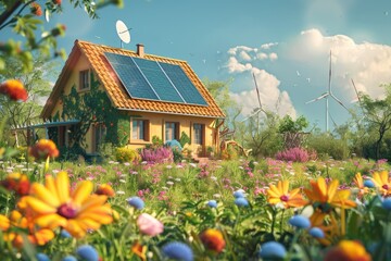 Poster - A small house with a solar panel on the roof, great for eco-friendly and sustainable living