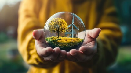 Wall Mural - A person holds a glass ball containing a miniature house, suitable for use in advertising and promotional materials