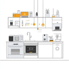 Wall Mural - Modern kitchen illustration with appliances and plants for a contemporary lifestyle.