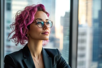 Poster - A young woman with bright pink hair and glasses looks out a window, lost in thought