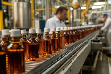 Aufkleber - Bottles of syrup on a conveyor belt, ready for packaging and distribution