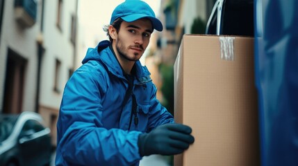 Aufkleber - A man stands outside holding a cardboard box