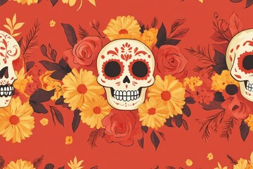 Poster - A pattern of skulls and flowers on a red background, great for Halloween or dark theme designs