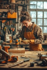 Poster - A woman works on a piece of wood, focusing on her craft