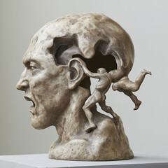 A detailed sculpture showing a human head with tendrils emerging, symbolizing mental unraveling, thoughts, or inner chaos.