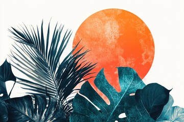 Wall Mural - Image of palm trees silhouetted against a warm sunset sky