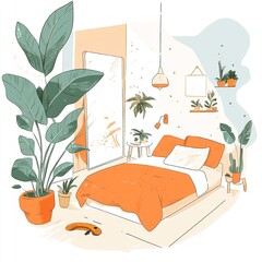 Sticker - A cozy bedroom with orange accents and indoor plants, promoting a relaxing atmosphere.