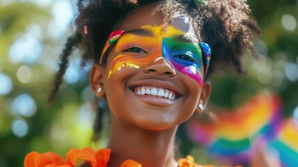Aufkleber - A young girl with a colorful painted face, perfect for celebrations and festivals