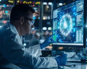 Poster - quantum researcher solving complex problems with holographic visualization