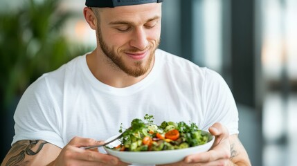 A strong athlete enjoying a healthy post-workout meal, representing recovery and strength through nutrition