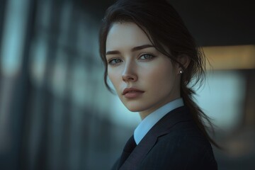 Poster - A professional woman wearing a suit and tie looks directly into the camera