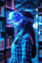 Poster - A person reading with a VR headset in a quiet library setting, suggesting a future of immersive learning