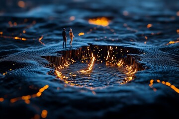 Aufkleber - 3D-rendered farewell scene in a digital world, where two figures part ways in a vibrant, fully animated virtual landscape, with glowing lights and digital elements creating a dynamic goodbye