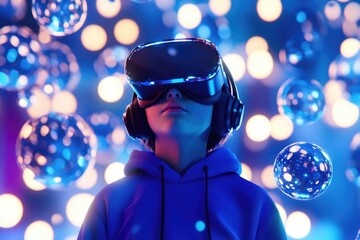 Poster - A person wearing a hoodie and headphones surrounded by disco balls, ideal for use in music or party related themes