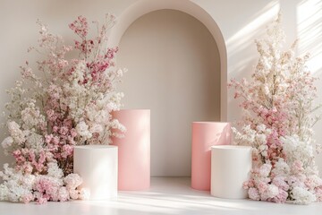 Wall Mural - A beautiful arrangement of pink and white vases and flowers in a white room