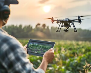 Poster - Farmer Using Drone for Crop Monitoring and Precision Agriculture on Tablet