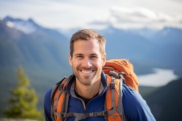 Sticker - Portrait of a smiling man in his 30s sporting a breathable hiking shirt in vibrant city skyline