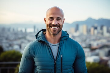 Sticker - Portrait of a smiling man in his 30s sporting a breathable hiking shirt while standing against vibrant city skyline