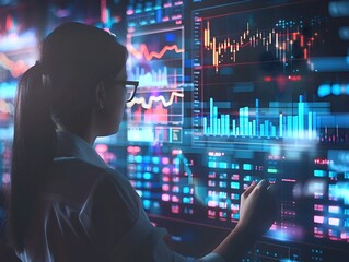 Poster - Financial Analyst Using AI Powered Software to Predict Market Trends with Holographic Charts and Graphs