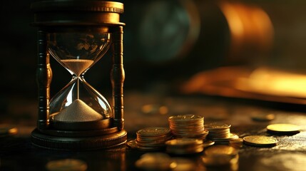 Aufkleber - An hourglass sits atop a pile of coins, symbolizing time and money