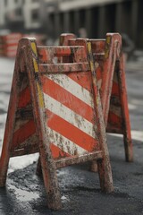 Poster - Two roadside barricades sit on the edge of a road, one in orange and white stripes, the other in white