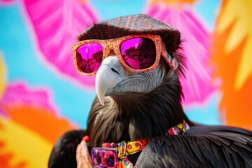 Sticker - A large bird wearing sunglasses and a hat, perfect for use in advertising or promotional materials