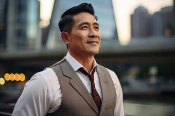 Canvas Print - Portrait of a tender asian man in his 40s dressed in a polished vest in vibrant city skyline