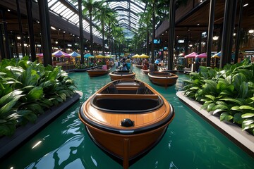 Poster - 3D-rendered floating market surrounded by lush tropical plants, with vibrant textures and dynamic animations showing the boats and vendors at work in a stunning digital scene