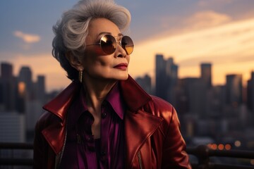 Sticker - Portrait of a content asian elderly woman in her 90s sporting a stylish leather blazer isolated in vibrant city skyline