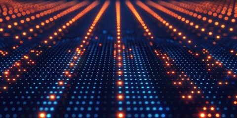 Poster - Abstract digital background with glowing dots, representing data flow and technology concepts Blue and orange lights create a vibrant atmosphere, ideal for tech related themes