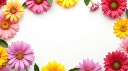 Flat lay frame of multicolored gerbera flowers on white background with copy space