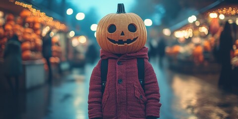 Child wearing a pumpkin head costume in a nighttime outdoor setting with Halloween-themed decorations and lights