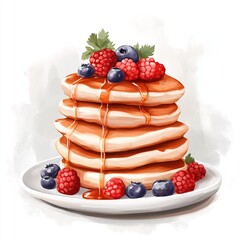 Wall Mural - A stack of fluffy pancakes topped with berries and syrup on a white plate.