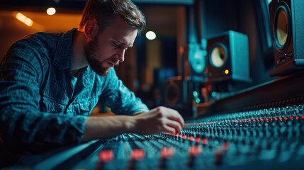 Sound engineer adjusting audio equipment and mixing sound in a professional recording studio.