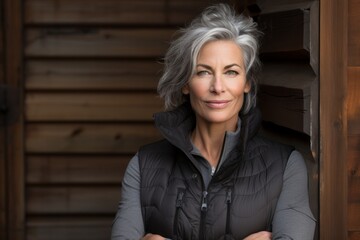 Wall Mural - Portrait of a content woman in her 50s dressed in a thermal insulation vest on rustic wooden wall