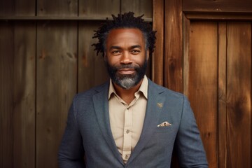 Wall Mural - Portrait of a tender afro-american man in his 50s dressed in a stylish blazer in rustic wooden wall