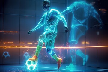 Futuristic soccer player hologram in motion, playing with soccer ball. AI-generated image. Young male athlete performance analyzed with digital X-ray technology, fractal patterns of motion, energy