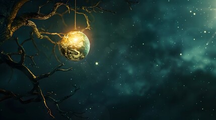 Wall Mural - Glowing Ethereal Earth Hanging from Cosmic Tree in Starry Night Sky