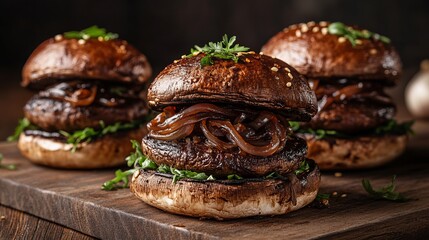 Burgers with Portobello Mushrooms and Caramelized Onions, Hyperrealistic 4K Photo