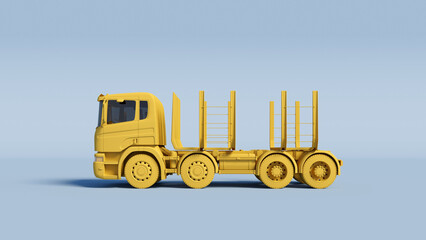 yellow logging truck on a light blue background. 3D Rendering.