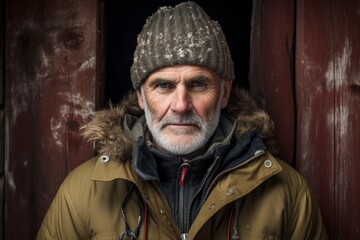 Poster - Portrait of a content man in his 60s wearing a warm parka over rustic wooden wall