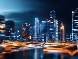 Poster - A futuristic city skyline illuminated with neon lights.